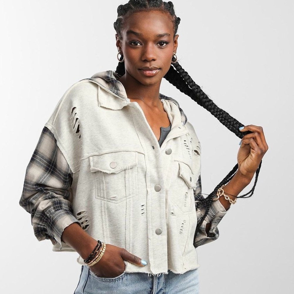 Dance & Marvel Pieced Knit Hooded Shacket